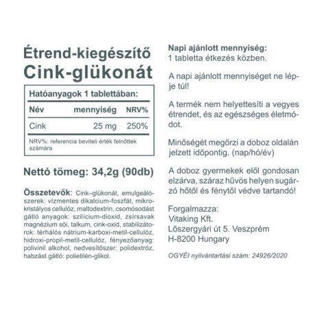 Vitaking Cink 25mg 90 tabletta
