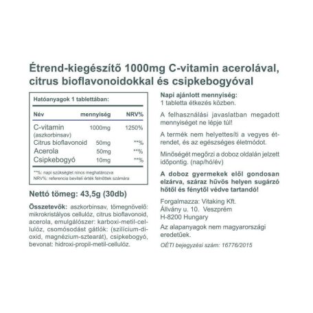 Vitaking C-1000mg bioflavonoiddal acerolával és csipkebogyóval 30 tabletta