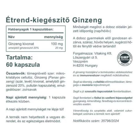 Vitaking Ginzeng kivonat 100mg 60 kapszula