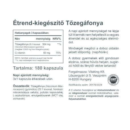 Vitaking TőzegÁfonya 504mg 180 kapszula