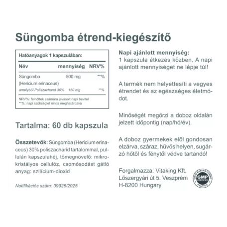Vitaking Süngomba 500mg 60 kapszula